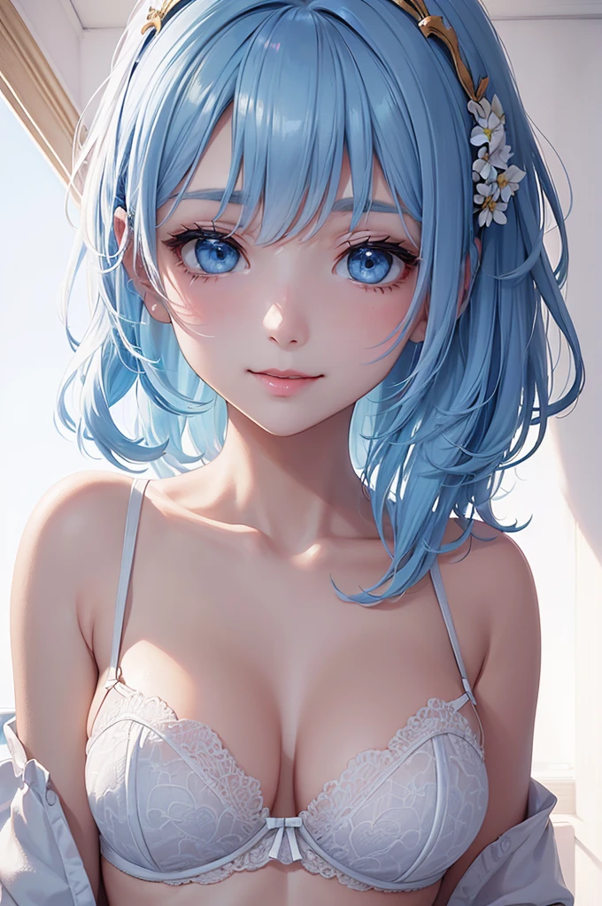 Best Quality,High resolution,8k,(plain white background, no patterns, no textures, just a plain white background:1.3),Masterpiece:1.2),beautiful girl,Big Breasts,(Shiny light blue hair:1.3),messy hair,Bobcut,Beautiful light blue eyes,A set of lingerie featuring intricate lace detailing(black color). The bra has delicate lace trim along the edges with a floral or geometric pattern, and adjustable straps with small, refined accents. The panties are designed with matching lace, featuring a soft, breathable fabric with a touch of elegance. The color scheme is sophisticated, such as soft pastels or classic black with subtle touches of gold or silver,Gentle look,A refreshing look,smile,Best quality,Best Quality,Aesthetic and aesthetic:1.2,Best details((Super detailed))(High-definition CG illustrations),Slender body,smile,blush,cute,Scrounge,Looking up,Being spoiled