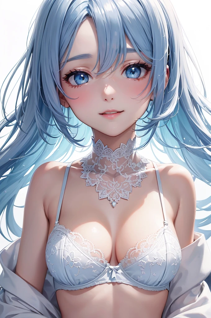 Best Quality,High resolution,8k,(plain white background, no patterns, no textures, just a plain white background:1.3),Masterpiece:1.2),beautiful girl,Big Breasts,(Shiny light blue hair:1.3),messy hair,Bobcut,Beautiful light blue eyes,A set of lingerie featuring intricate lace detailing(black color). The bra has delicate lace trim along the edges with a floral or geometric pattern, and adjustable straps with small, refined accents. The panties are designed with matching lace, featuring a soft, breathable fabric with a touch of elegance. The color scheme is sophisticated, such as soft pastels or classic black with subtle touches of gold or silver,Gentle look,A refreshing look,smile,Best quality,Best Quality,Aesthetic and aesthetic:1.2,Best details((Super detailed))(High-definition CG illustrations),Slender body,smile,blush,cute,Scrounge,Looking up,Being spoiled,wariza