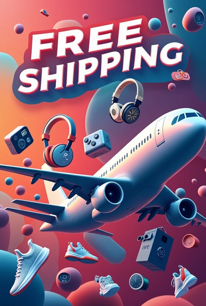 "Design a high-quality banner with dimensions 1800x600 for an online store called 'Mega Loja Mix'. The banner should prominently feature an airplane to symbolize free shipping. Include text that highlights 'Free Shipping' and 'Discount on First Purchase' in a clear and attractive manner. The banner should showcase the store's diverse product range, including gadgets, headphones, smartwatches, clothing, and sneakers. Arrange high-resolution images of these products in a dynamic layout. Use bold colors and modern design elements to create a visually appealing and cohesive banner. Ensure the overall design is polished and professional, effectively communicating the special offers and variety of products available at 'Mega Loja Mix'."