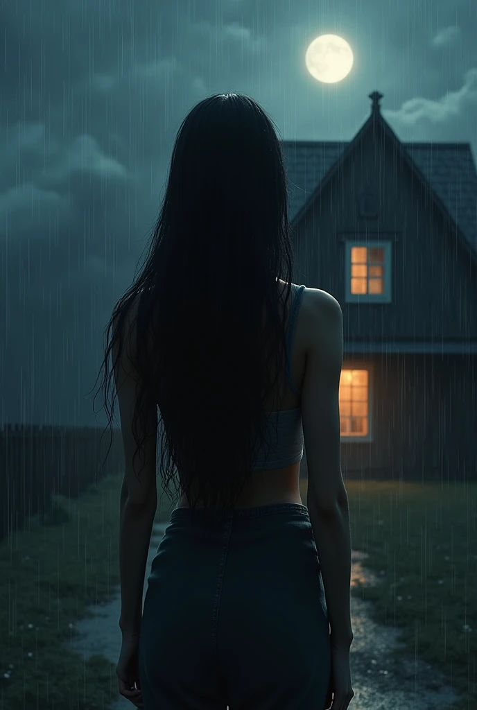 Woman with long black hair standing in front of a house on a rainy night