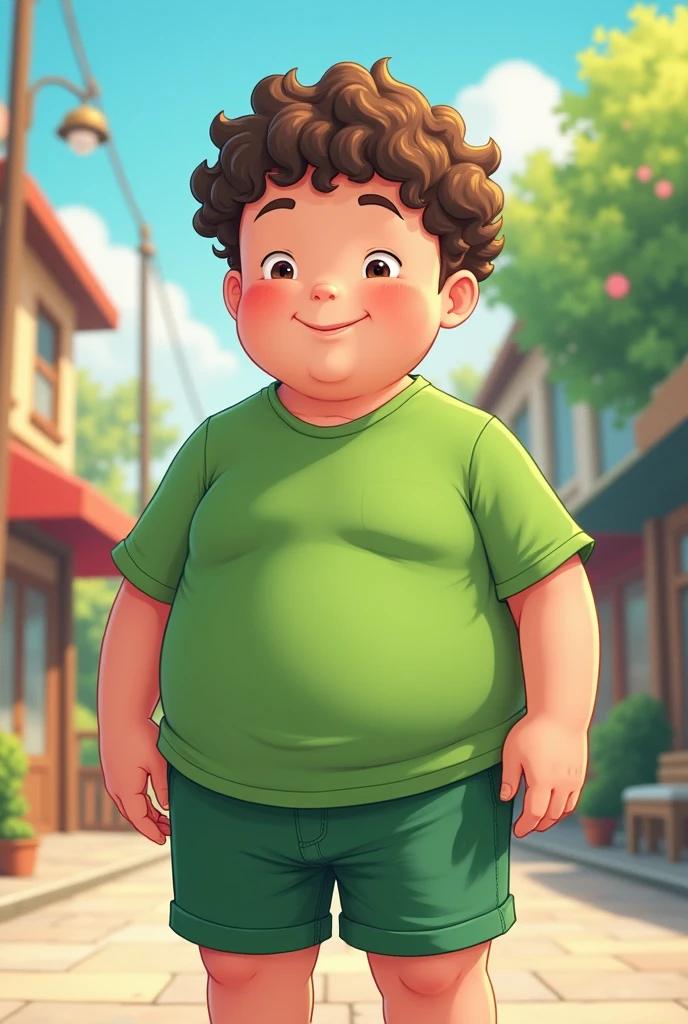 Create a male anime character with a green shirt and shorts and curly hair brown skin and fat
