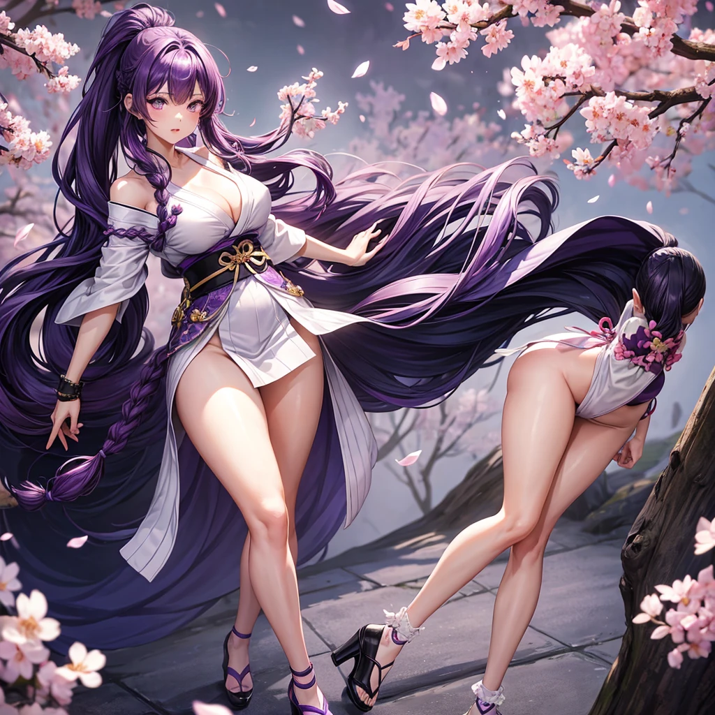 Girl, , fair skin, long purple hair braided in one ponytail, purple eyes, white yukata with open legs and sakura petals, slender, beautiful legs, black belt, black gloves, purple sakura flowers, purple long cloak, detailing, perfect, red and black bracelets on the legs and arms, wooden shoes with thick high heels, kanzashi, big breasts, big butt