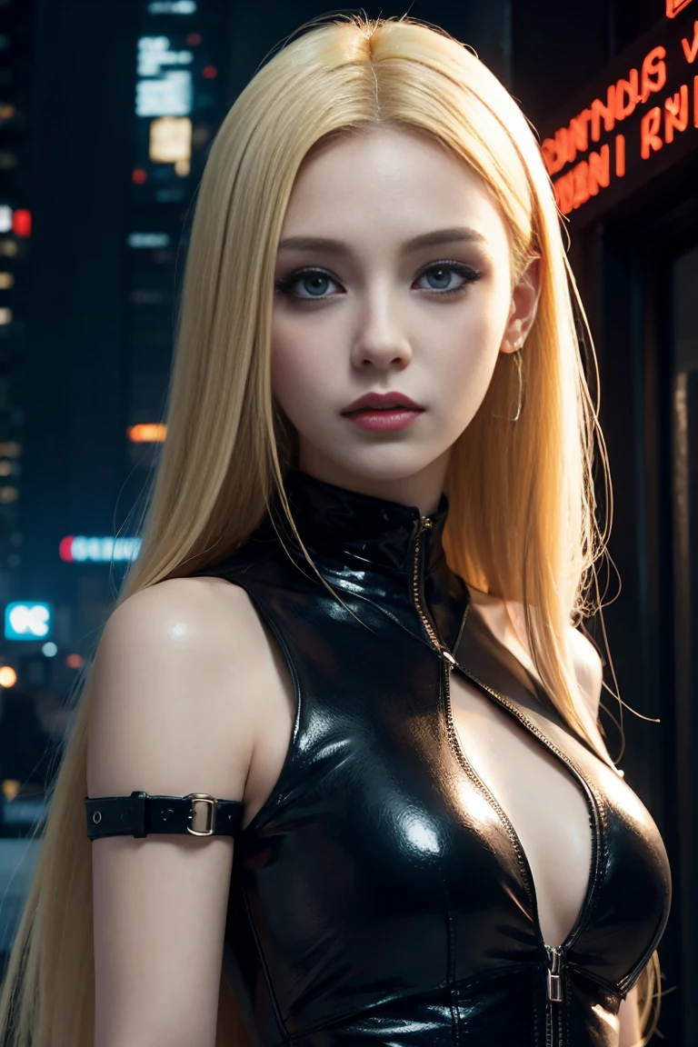 Gothic woman, blonde, background cyberpunk city