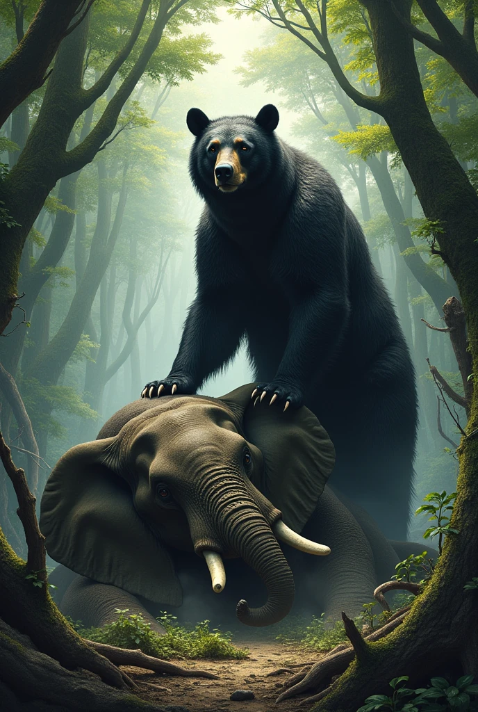 Black bear standing on a dead elephant that it fought
In a forest