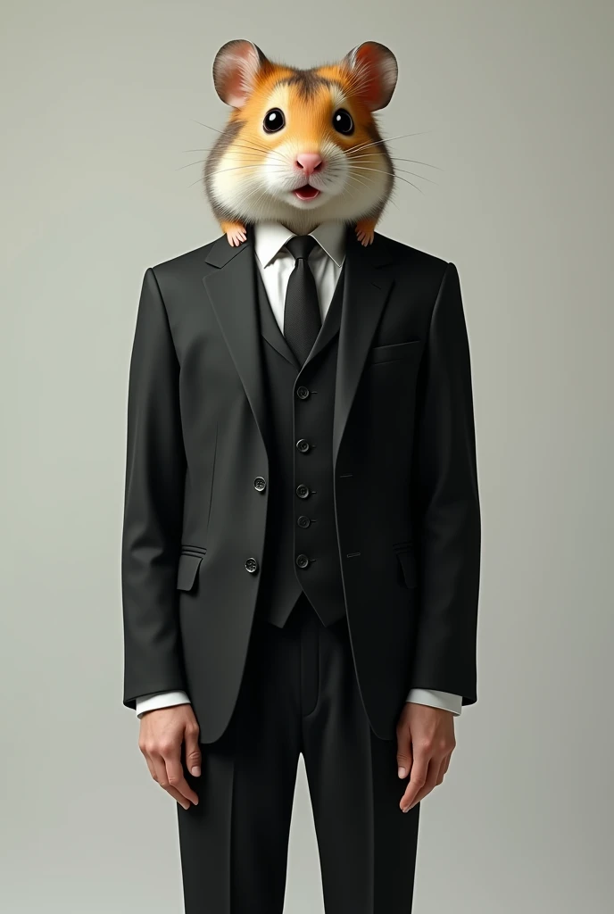 Generate 10 hd image of a person wearing a classic three piece black suit remove his face and add a hamster face
