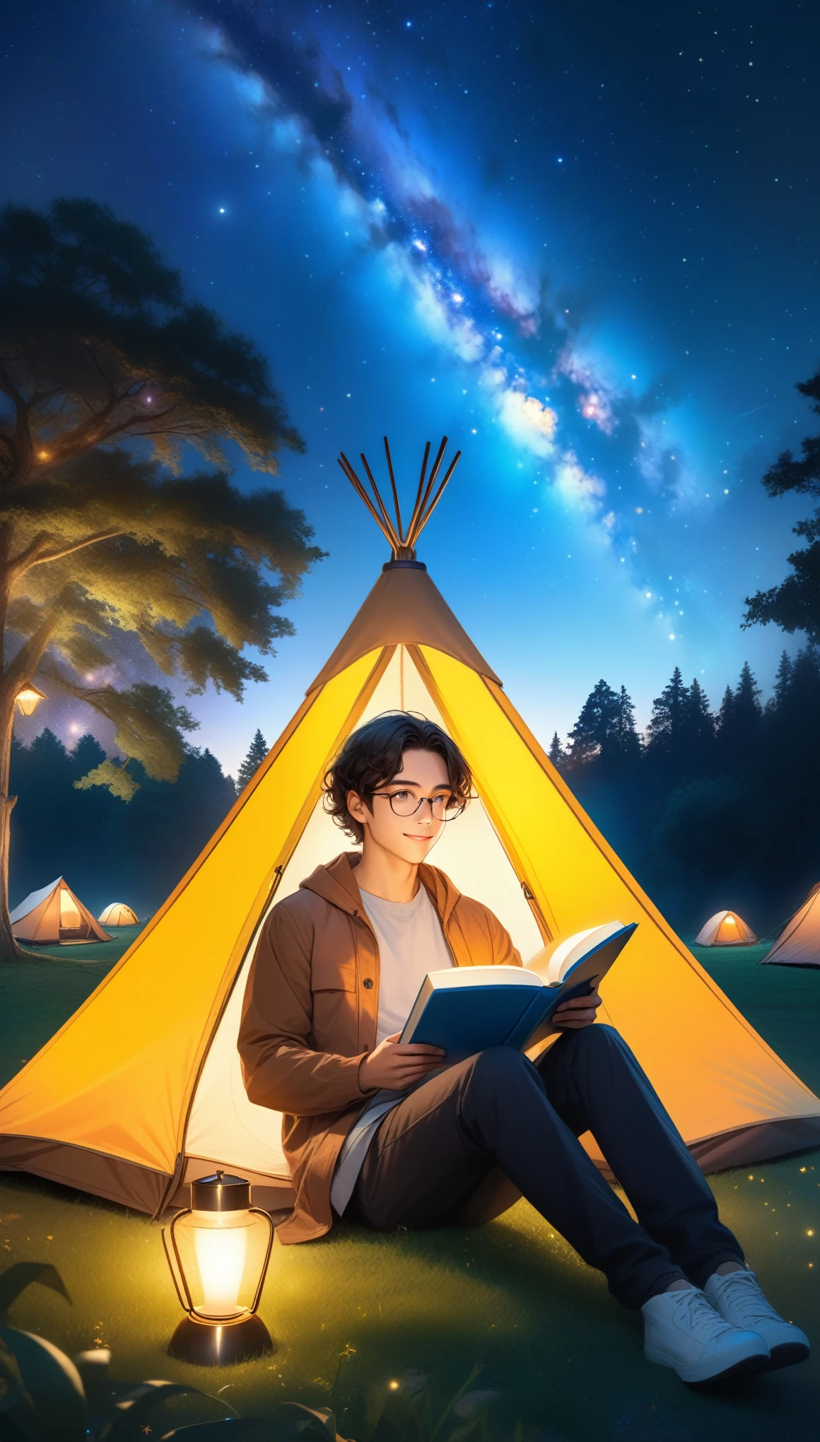 A young man is sitting on the grass and reading a book, Long black curly hair, Wear glasses, A delicate smile, Light brown eyes, Look up at the sky, Lamp light, whole body, Under the big tree, Vision, Tent in the background, Starry Sky, Illuminated night, Photo Effects, 8k, Very detailed, Ultra-realistic.