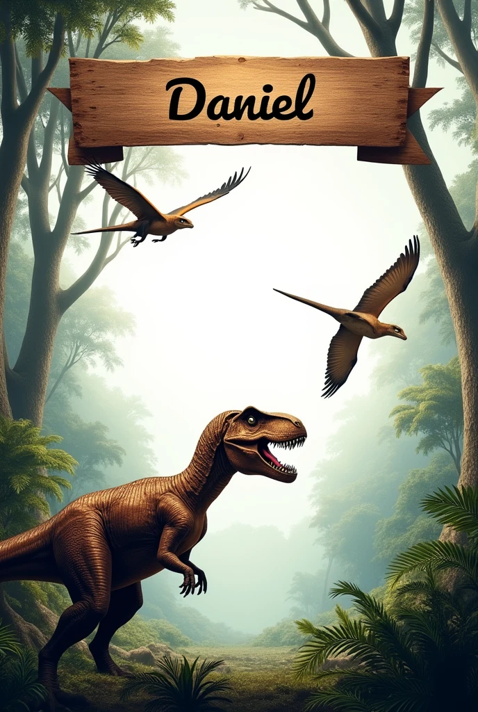 Jurassic World themed birthday invitation template, with flying dinosaur and tyrannosaurus, more space to insert text and a dashed banner at the top that says DANIEL, In Portuguese.