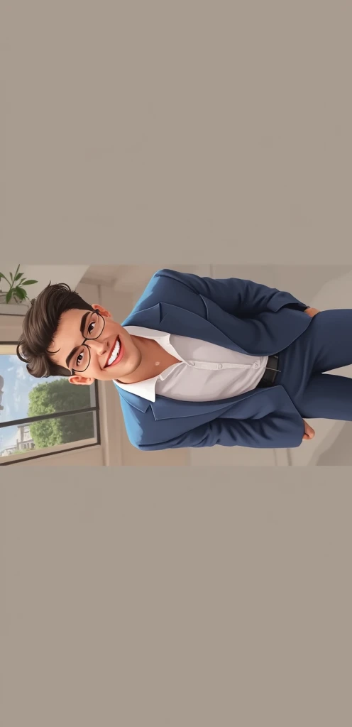 Help me draw this picture.,Using this person's original face ,Change outfit and background,It is a picture of a young businessman., Wearing a navy blue suit ,Black leather shoes,Standing in the office,With a powerful smile ,He is a senior executive of Lifestar Company.