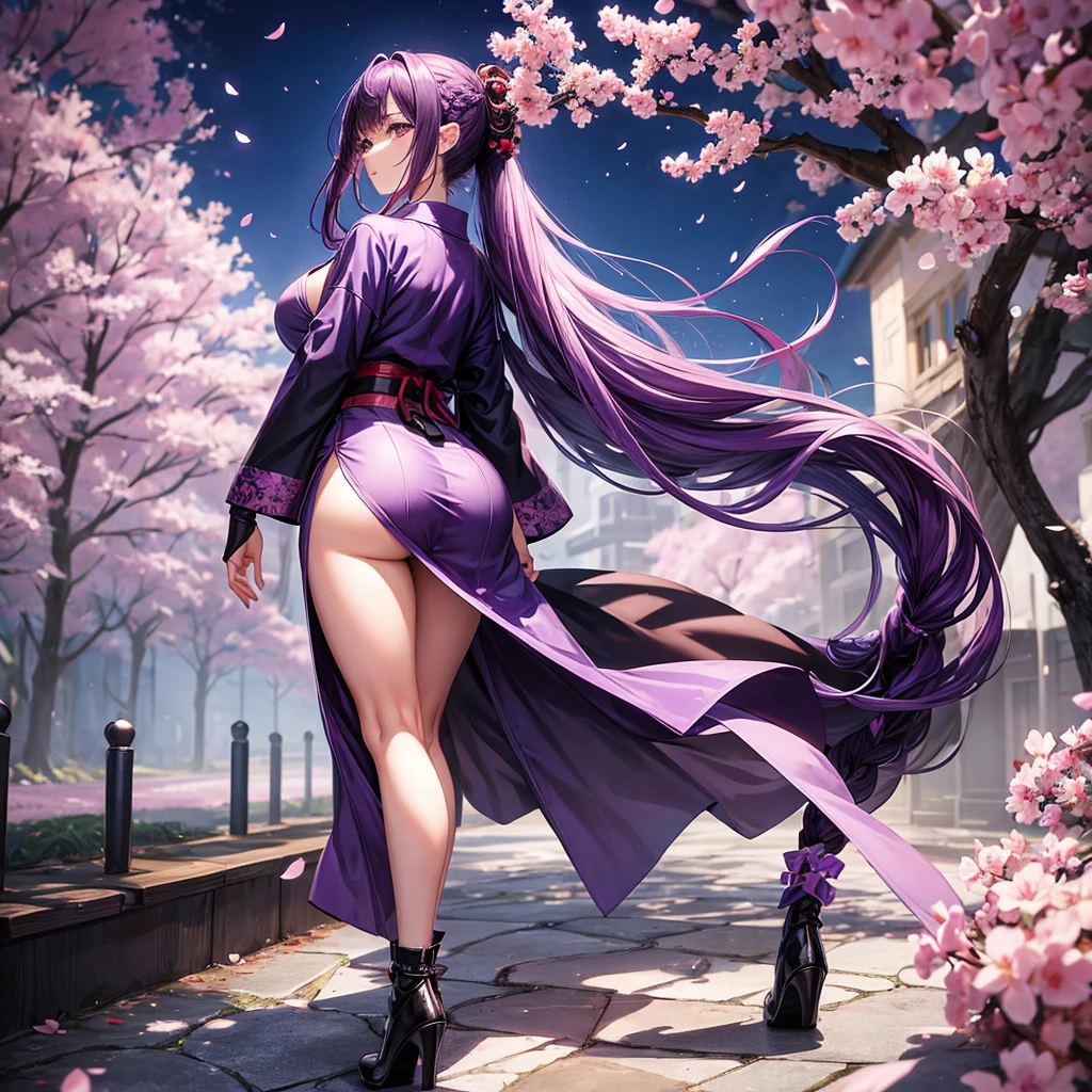 Girl, , fair skin, long purple hair braided in one ponytail, purple eyes, white yukata with open legs and sakura petals, slender, beautiful legs, black belt, black gloves, purple sakura flowers, purple long cloak, detailing,  perfect, red and black bracelets on the legs and arms, wooden shoes with thick high heels, kanzashi, big breasts, big butt