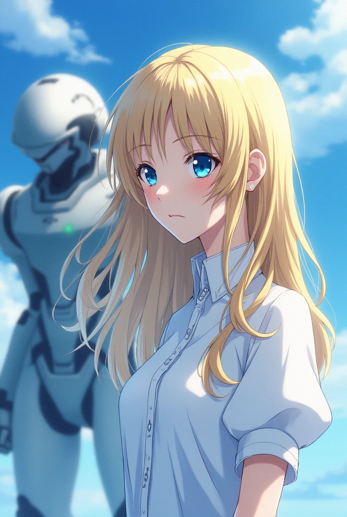 Long blone hair, blue sky eyes with Anime Evagalion 1995 art style, Eva 002 behide