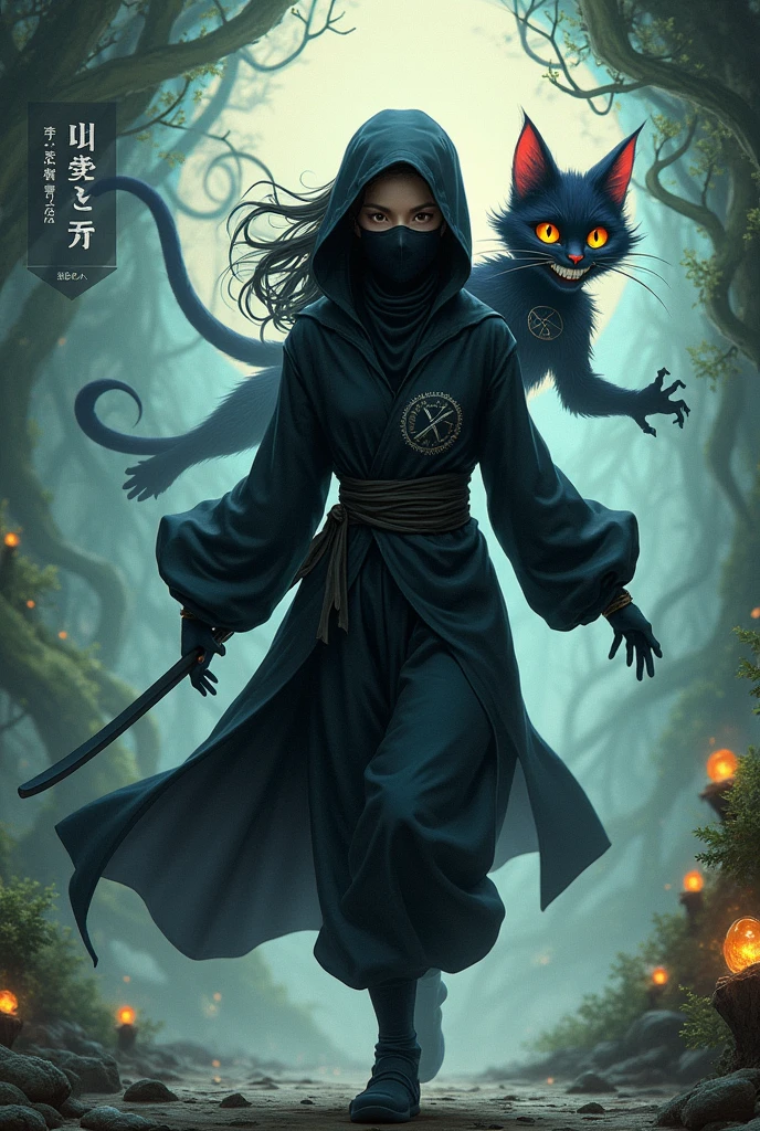 A depiction of Alice and the Smiling Cat, from alice in wonderland. As if Alice was a ninja and the cat was her guardian spirit