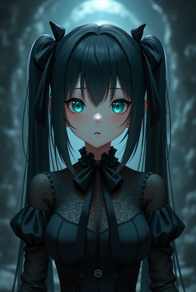 anime girl、Dark、gothic lolita、Mines fashion、smooth long hair、two tails、black hair、ribbon in her hair、turquoise eyes、confused eyes