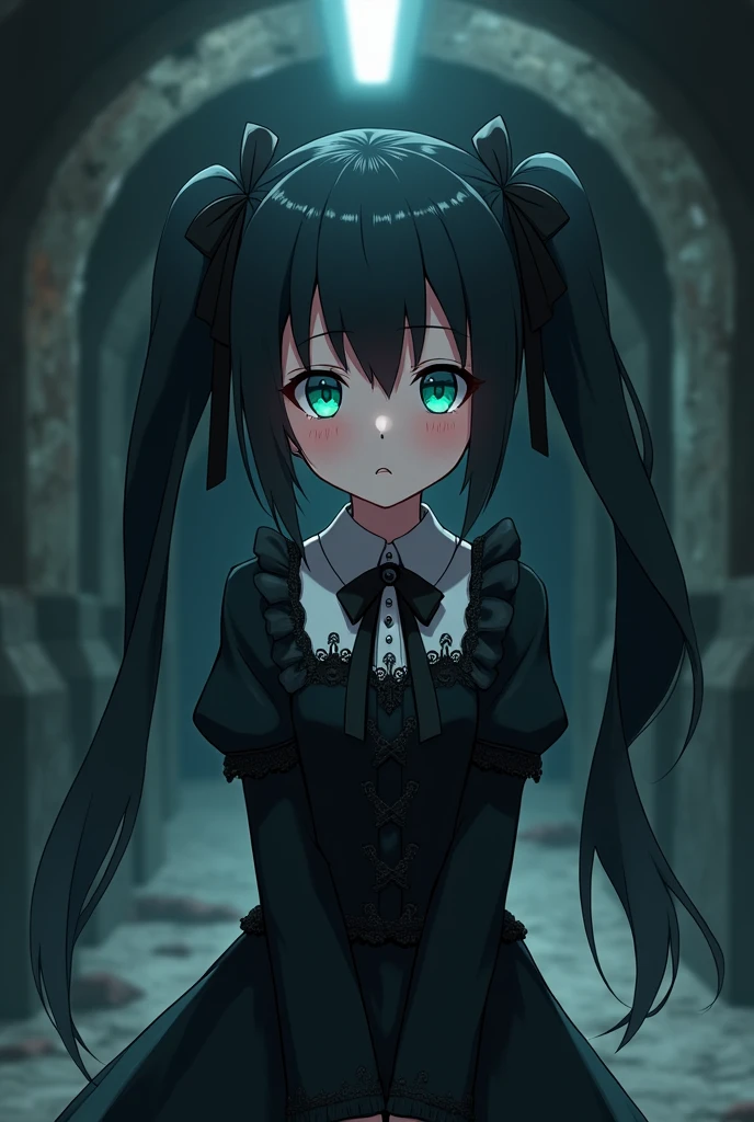 anime girl、Dark、gothic ta、Mines fashion、smooth long hair、two tails、black hair、ribbon in her hair、turquoise eyes、confused eyes
