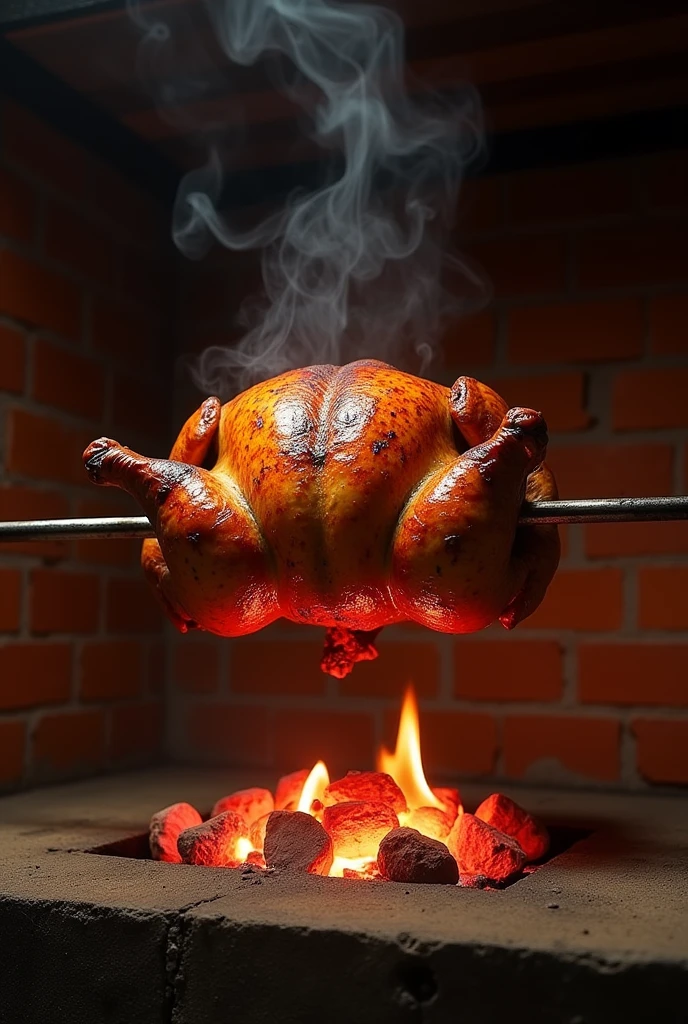 Create a real image, of a roast chicken cooked inside an oven with charcoal embers. The chicken will be on a metal pole spinning around.