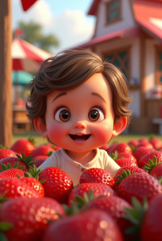 pixar animation: 1 , Wavy brown hair, Brown eyes, white skin Surrounded by lots of strawberries with a lively strawberries and cream stand 