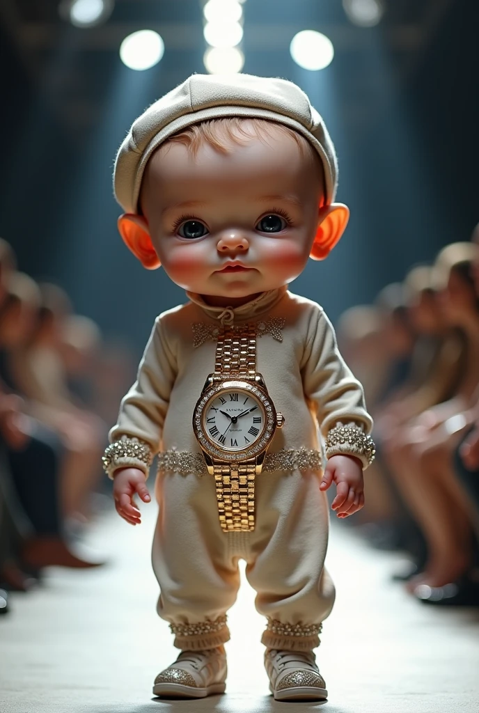 Newborn baby with very large head wearing a guess watch costume and hat in a realistic full body fashion show