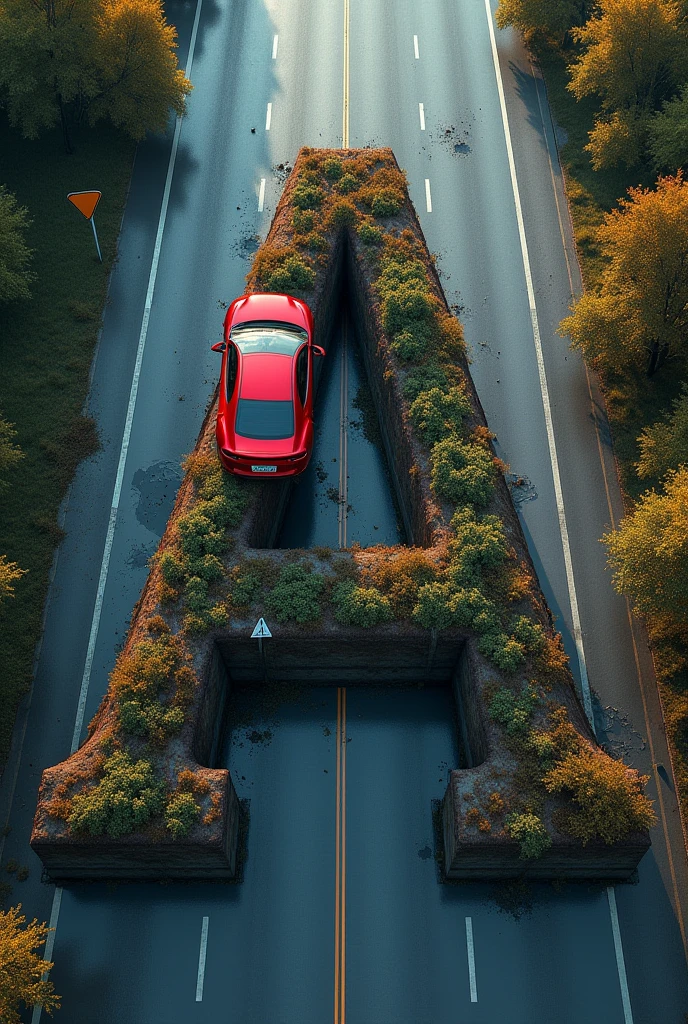 Letter A, letter with the appearance of a highway, with a traffic lane and a car crashed into the wall, danger warnings on the letter, top view, , 8k, High Quality