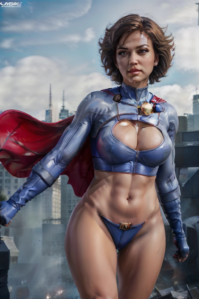 PHOTO REALISTIC, HYPER REALISM, POWERGIRL WITH UHD, textured skin, super detail, award winning, high quality, highres, best quality, high details