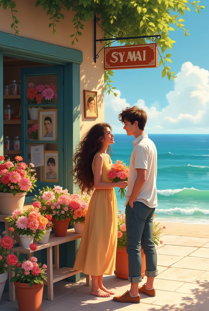 A girl with long curly hair is arranging flowers in front of a flower shop by the sea with her boyfriend. Portraits near the shop. They are happy and happy.