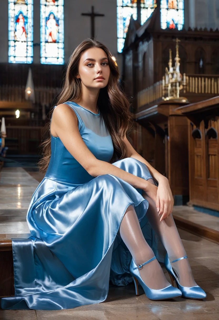  young brunette woman, beautiful eyes. long brown hair. Long dress in shiny light blue satin, Tights, 项链, transparent lip gloss, narrow building, Pretty, 2, Full body photo, long legs, Satin top, Sitting in a church and looking around, looks stunning. is enthusiastic. Beautiful shoes