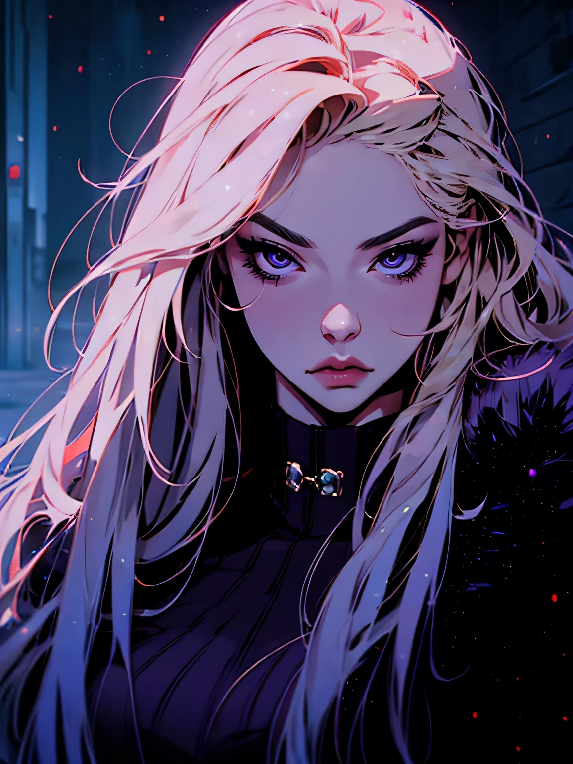 hyperrealistic image of a mysterious woman with loose, long, blond hair., piercing purple eyes, upper body, snow background, fur coat