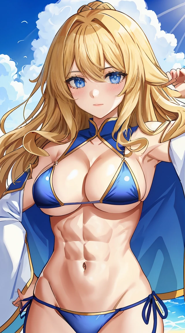 Amazoness, Serious and sexy face, Golden wavy hair, blue eyes, (Perfect Anatomy), (Perfect Eyes) 彼女の体型は非常にMuscularで豊満だ, Huge big breasts, Heavy chest, Abdominal musclesが割れている, Micro bikini with small cloth area, 大きなAbdominal muscles, ((She&#39;s holding a big axe)), Artwork, Lots of details, 8k, CG , Cinematic ,High resolution, masterpiece, cave, Lit by a lantern, Fighting monsters, masterpiece, Highest quality, ( Detailed skin texture, Super-detailed body: 1.1), (Highly detailed skin: 1.2), (Muscular, Muscular biceps, Abdominal muscles: 1.2)