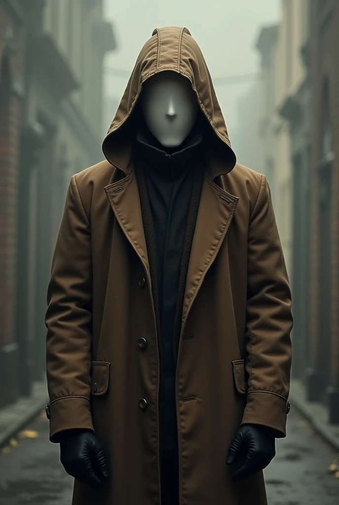 one men, with a hood and a brown overcoat, with a white mask (not hacker)