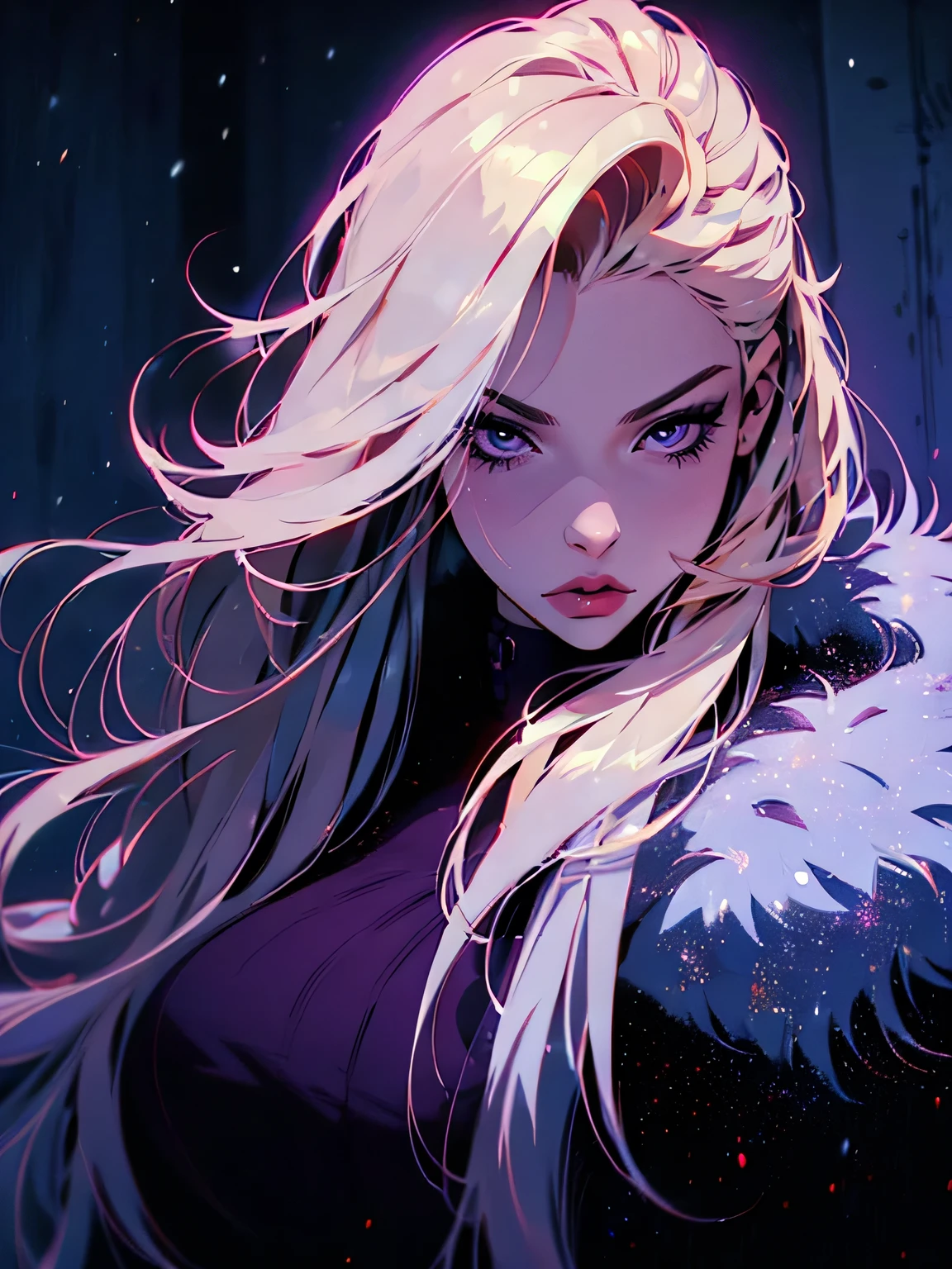 hyperrealistic image of a mysterious woman with loose, long, blond hair., piercing purple eyes, upper body, snow background, fur coat