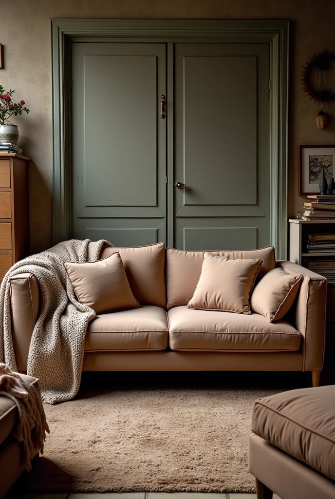 Create a picture of a sofa that has a good, aesthetic, Gen Z style. The room in the background should be messy, with a cluttered, poor appearance, making it look like it belongs to a less privileged household.