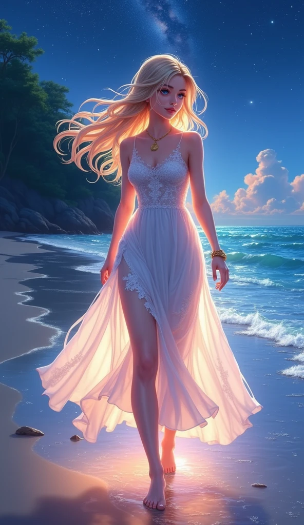 (masterpiece、Highest quality、8k、High resolution)、(The best beautiful girl)、Best Style、(The most beautiful face、Beautiful Skin、Clean blue eyes、Beautiful Lips、Beautiful Nose)、Blonde、Ample breasts、White lace dress、(体whole bodyから神秘的な光の粒子、Colorful light)、(jewelry、necklace)、(whole body)、Walking on the beach、look back、Ocean、You can see the forest、A bright night with the stars clearly visible、Beautiful starry sky、milky way、Highly detailed anime art、A complete portrayal、