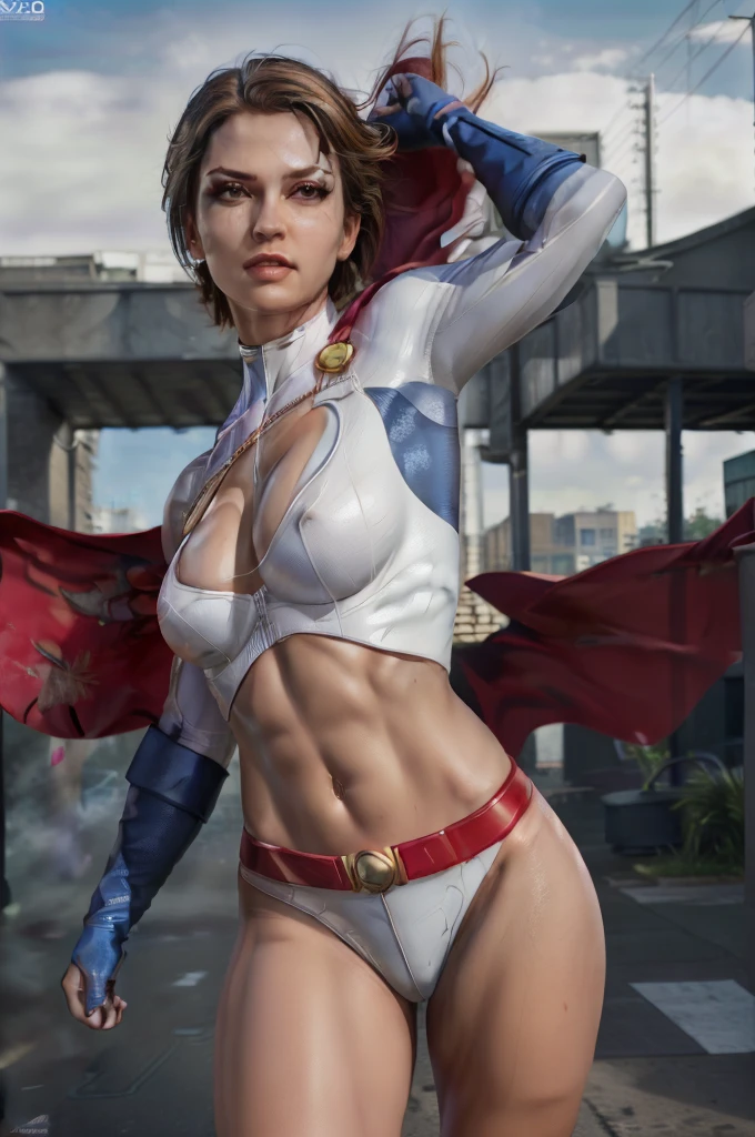 PHOTO REALISTIC, HYPER REALISM, POWERGIRL WITH UHD, textured skin, super detail, award winning, high quality, highres, best quality, high details