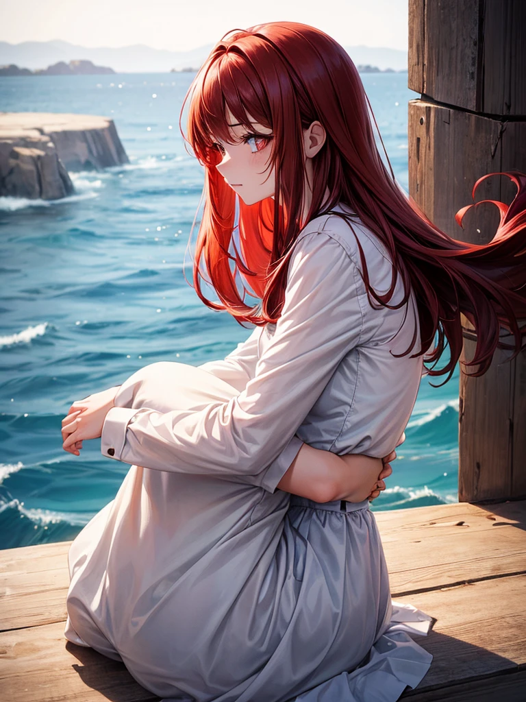 a 22 year old girl hugging her boyfriend. she has long red hair, red eyes. Her boyfriend has brown short hair and brown eyes, he looks into her eyes. View from the side