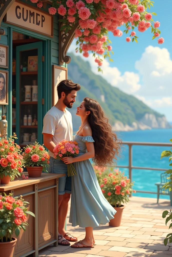 A girl with long curly hair is arranging flowers in front of a flower shop by the sea with her boyfriend. Portraits near the shop. They are happy and happy.