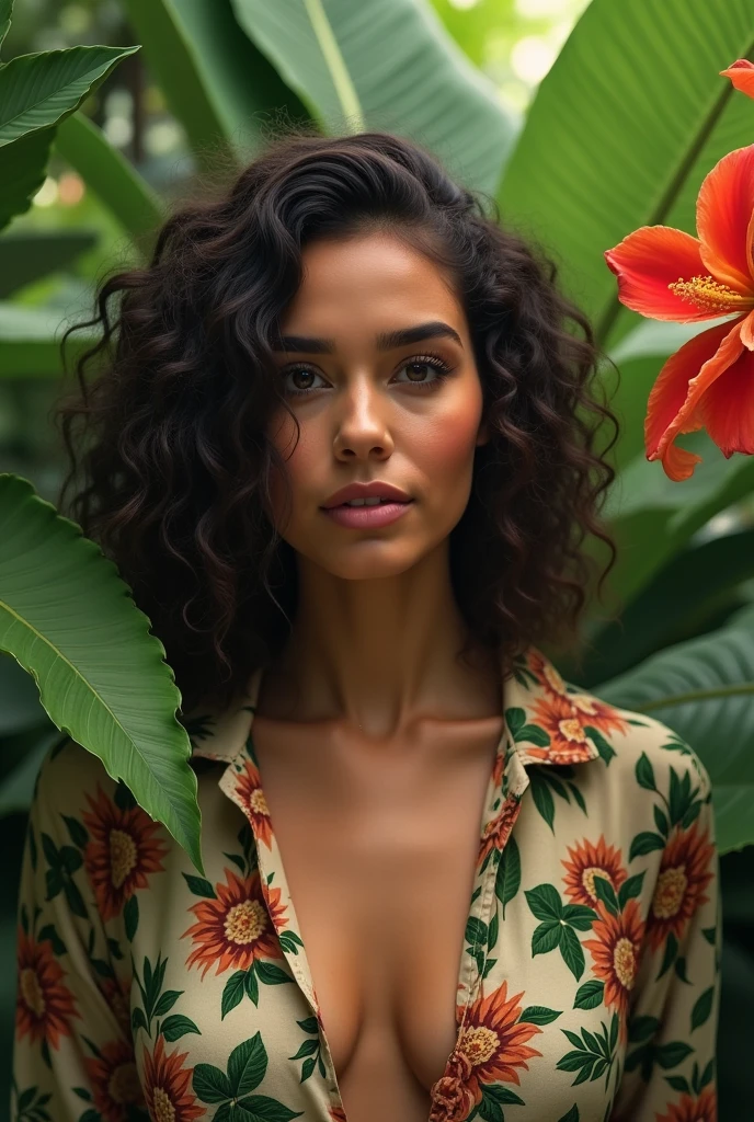 A Brazilian woman in a lush tropical garden, wearing an open shirt with a floral print, with a close-up capturing the harmonious beauty between her breasts and the natural flowers, showing off your natural charm and outgoing personality.