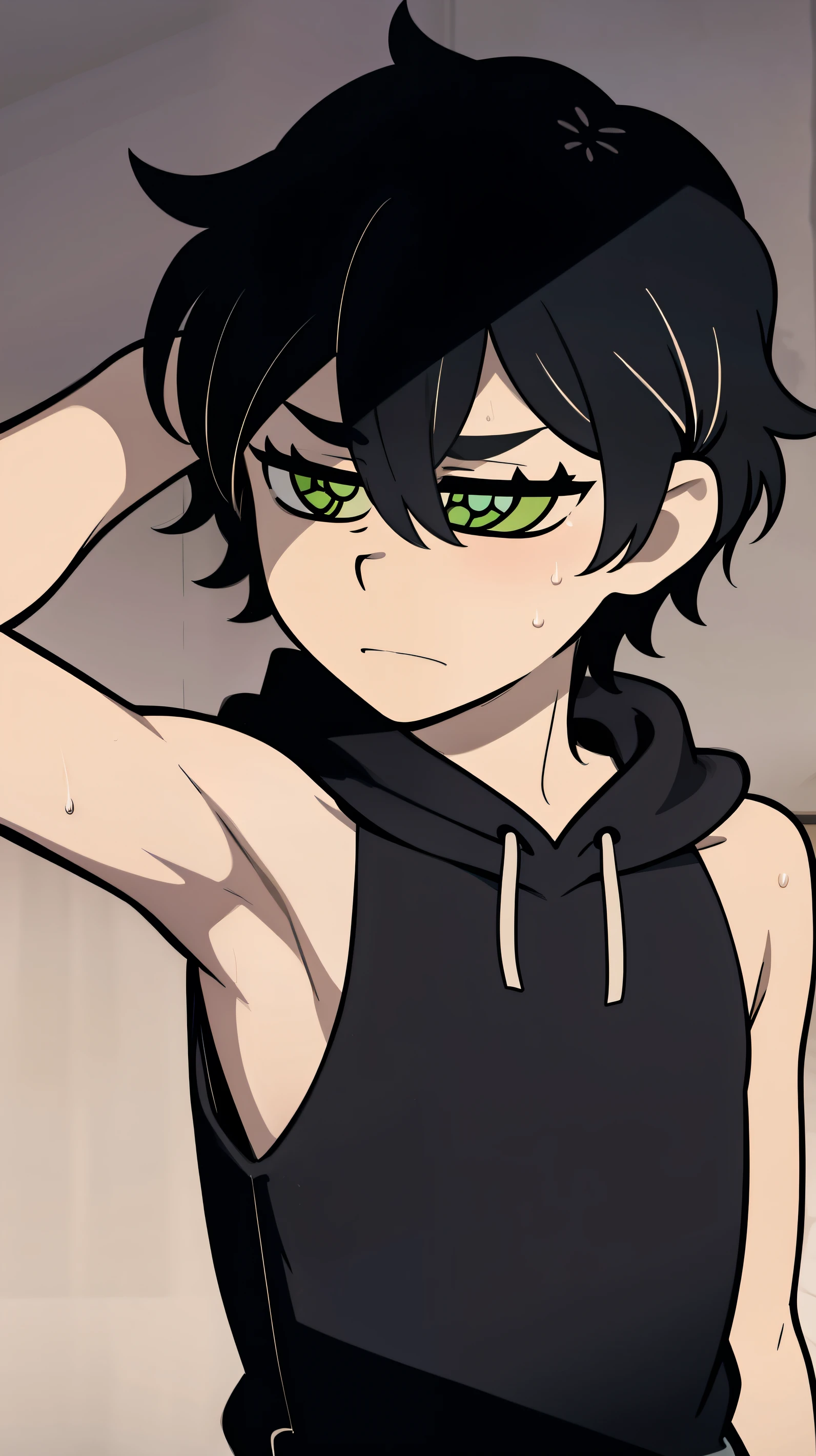 Highres, Masterpiece, Best quality at best,Best Quality,hight quality, hight detailed, Anime style, 1boy, Shota, young boy, Solo person, Young andy graves, hair between eyes, closed mouth,black hair, green eyes, Slim body, messy hair, bright pupils, look at viewer,Sleeveless hoodie, Bare shoulder, belt,  Flat chest, upper body, simple beckground, (Showing armpit:1.3), (very young boy), (very small and short body), simple beckground, hansome boy, Uhd, bokeh, sweat