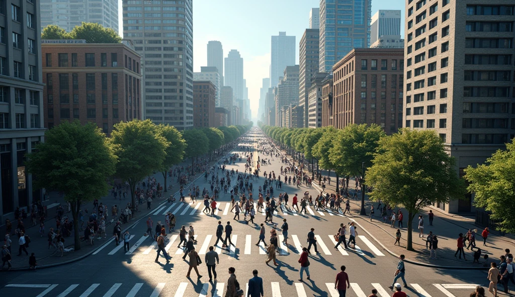 Make a hyperrealistic image from a bird&#39;s eye view perspective where you can see a crowd crossing a street and a city in the background