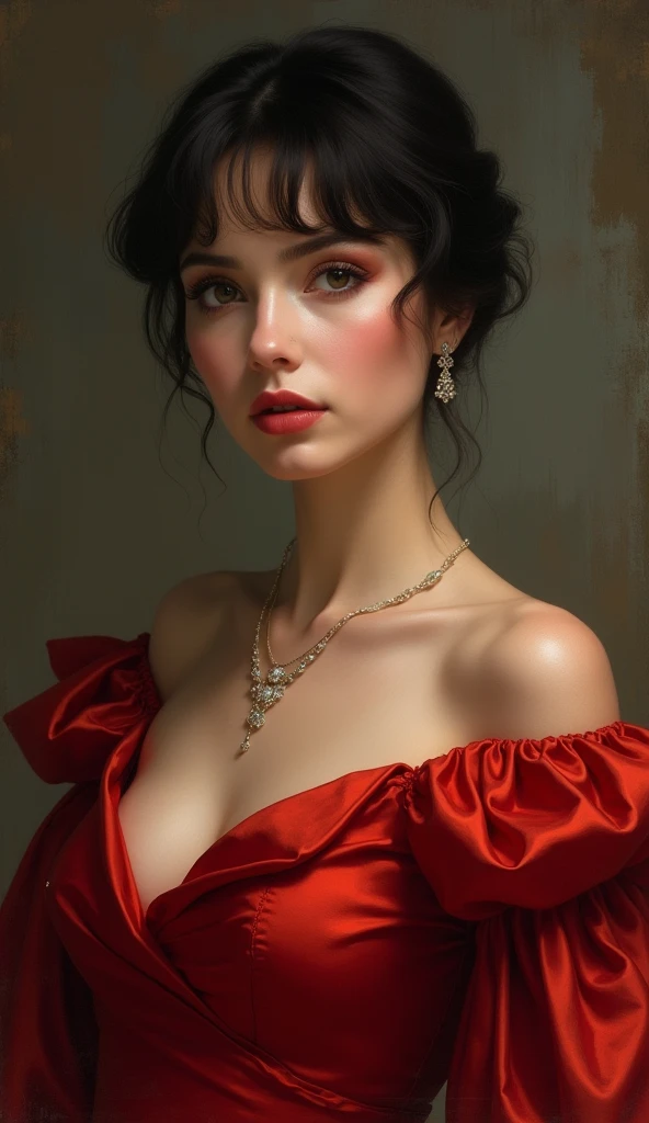 Sexy illustration of an elegant queen using chiaroscuro (((Short hair without bangs:1.4、beautiful eyes) , High quality ,Silk dress, matte paint, John Singer Sargent, author:Katsuya Terada、 Very soft colors, Deep and vivid, Deep red pastel, Very detailed, The art of math, High contrast, dramatic, complicated, Tone, close, Sexy and romantic、masterpiece、The Minimalists、