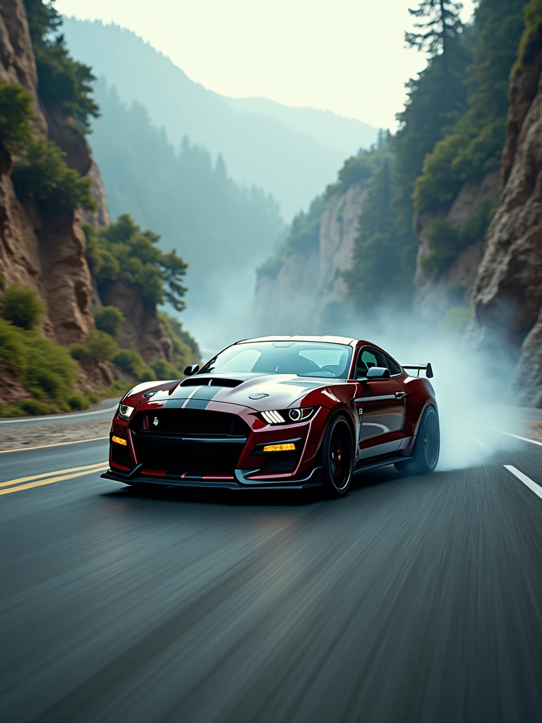 Mustang gt500 2020 drifting chase, action shot, (detailed stunning environment), cinematic, cover art, (low front angle), intricate, highly detailed, smooth, sharp focus, cinematic lighting, atmospheric, photoreal, 8k, Canon EF 200-400mm f/4L IS USM Extender 1. 4x Lens, stan Winston studio