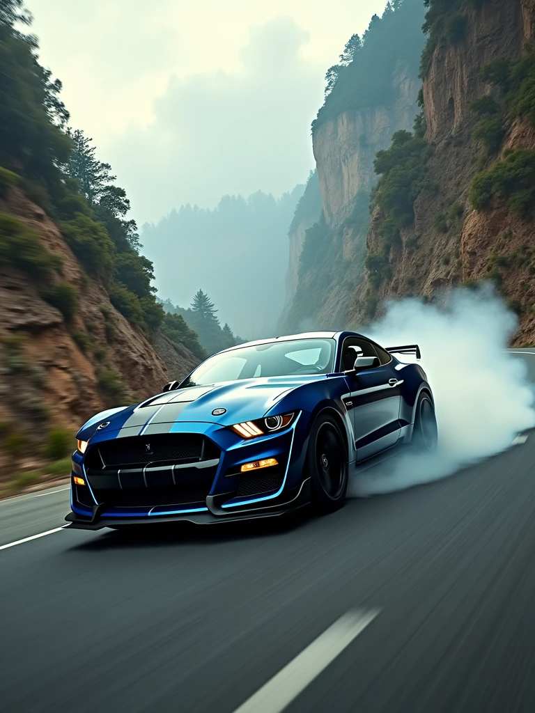Mustang gt500 2020 drifting chase, action shot, (detailed stunning environment), cinematic, cover art, (low front angle), intricate, highly detailed, smooth, sharp focus, cinematic lighting, atmospheric, photoreal, 8k, Canon EF 200-400mm f/4L IS USM Extender 1. 4x Lens, stan Winston studio