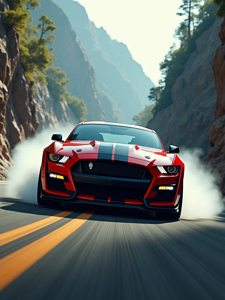 Mustang gt500 2020 drifting chase, action shot, (detailed stunning environment), cinematic, cover art, (low front angle), intricate, highly detailed, smooth, sharp focus, cinematic lighting, atmospheric, photoreal, 8k, Canon EF 200-400mm f/4L IS USM Extender 1. 4x Lens, stan Winston studio