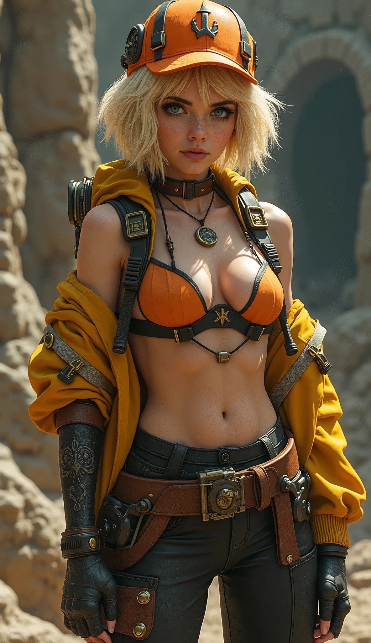 (The best quality,A high resolution,Ultra - detailed,actual),Cindy Aurum  Fantasy XV,(85mm F/1.4) , (Cindy has short blonde hair:1.4) , green eyes and a slightly tanned complexion, (His attire consists of an orange cap with the Hammerhead sign:1.4) ., a pair of black gloves, (a yellow jacket:1.4) , (a salmon bra:1.4) , (a pair of black welding :1.4) , (mini skirt plisado orange :1.4) , a brown tool belt, black stockings and a pair of white high-heeled boots, ,(Dungeon ruins background ruins large stones cavern cave :1.4 ), epic fantasy art style hd, 4K fantasy art, epic fantasy digital art style, epic fantasy art style, Fantasy Woman, epic fantasy art portrait, Epic fantasy style, hyperrealistic fantasy art, hd fantasy art, epic fantasy character art, epic fantasy art, in style of dark fantasy art, epic fantasy digital art, high quality, (raw photo, best quality), (realistic, Photorealistic: 1.4), (extremely delicate and Beautiful: 1.4), Amazing, fine details, masterpiece, Ultra detailed, high resolution, best illustration, best shadow, intricate, ( extremely intricate: 1.2), (exquisitely detailed skin), cinematic light, Perfect anatomy, (cool color: 1.4), Sharp focus, 8K UHD, DSLR, (Fujifilm XT3),(cowboy pose :1.4),( cinematic lighting :1.4),( bright colors :1.4),(Cindy Aurum Fantasy XV:1.4), (Cindy Aurum V2.1),( face detailed :1.4), More detailed 8K.motor irreal:1.4,UHD,La mejor calidad:1.4, fotorrealista:1.4, textura de la piel:1.4, obra maestra:1.8,obra-prima, mejor calidad,objeto Objeto], (detailed face features:1.3),(Las proporciones correctas),(Ojos hermosos azules), (((85mm F/1.4)), (bikini bra pink :1.4), ((pose vaquero :1.4)),( pose medio cuerpo), (Cindy Aurum :V2.1 ), (baseball cap orange :1.4),( anatomía perfecta detallado :1.4),( ciborg white plastic transparent mecánica :1.4),( cyborg transparent plastic mecánica circuitos :1.4) 