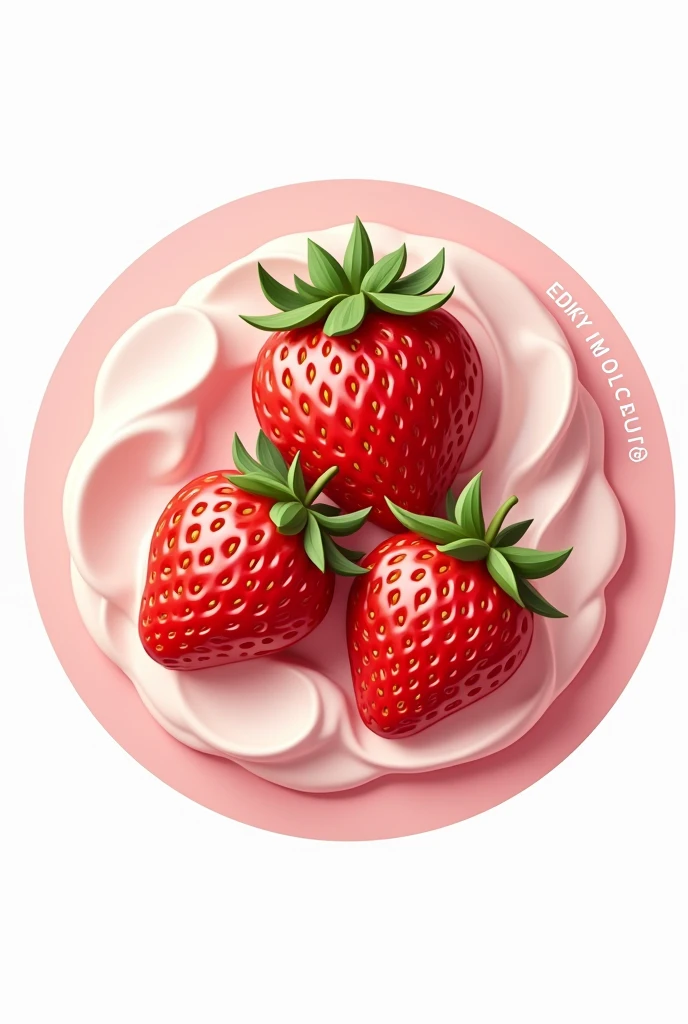 Create a circular logo for an edible product with text and the main theme of strawberries with Mary cream