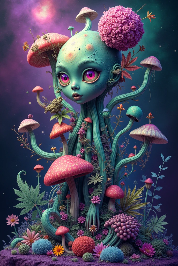 I want a design that is first of all very hallucinogenic, that is to say very abstract with lots of purple and green and various plants like mushrooms and iron or marijuana., Withered blue roses for example or several things like that in my design but I want the whole design to be very hallucinogenic remember very hallucinogenic everything in general