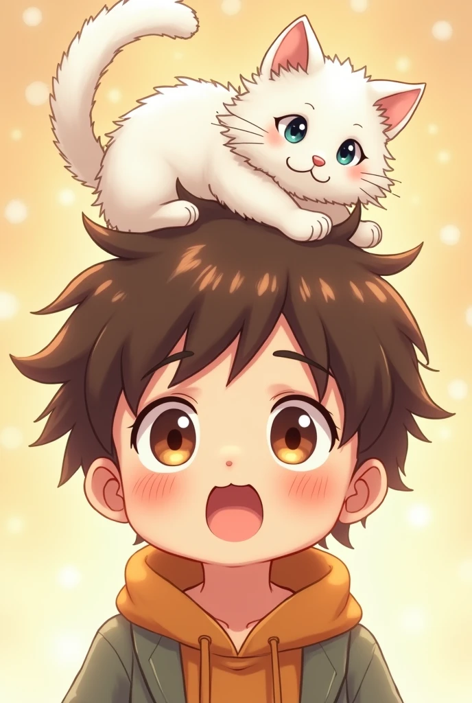 A brown-eyed anime boy with brown hair who has messy hair with a white cat on top of his head