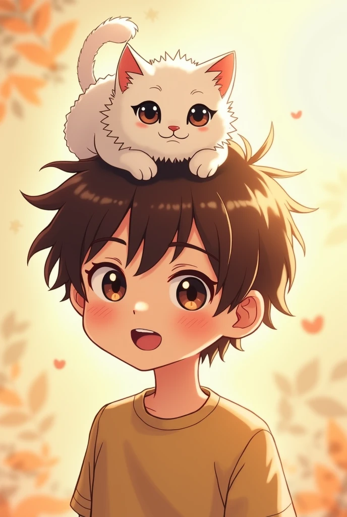 A brown-eyed anime boy with brown hair who has messy hair with a white cat on top of his head