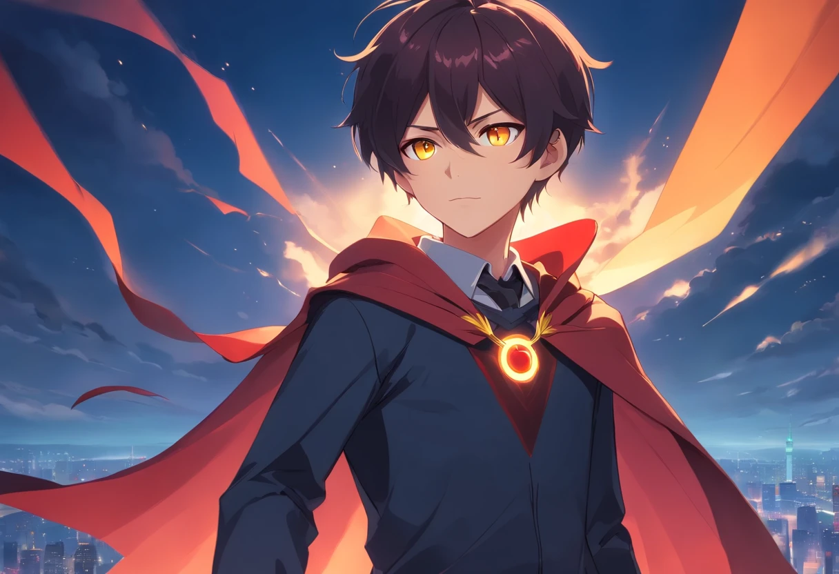 Create a young demon boy with a simple formal outfit yellow eyes and red and black hair a cape that are wings.