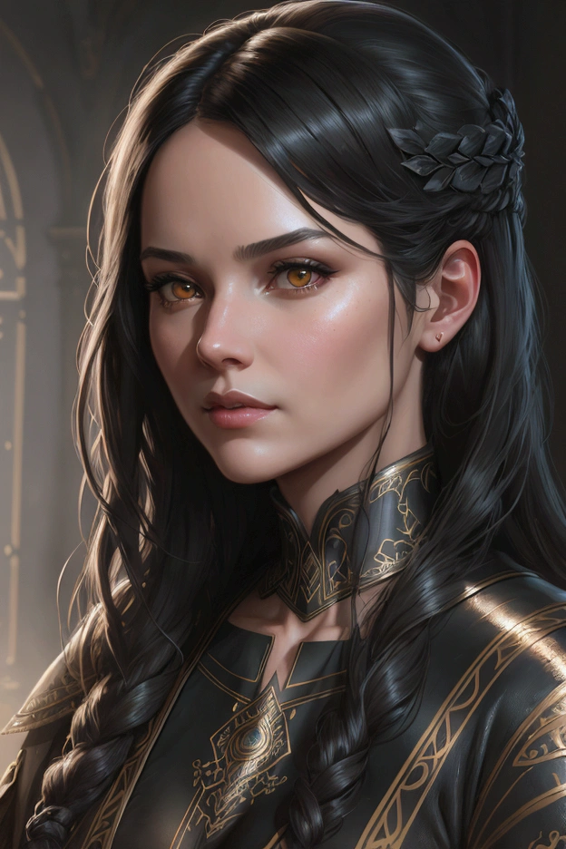 portrait of emb-rebecca with long black hair in fog, cinematic lighting, photorealistic, ornate, intricate, realistic, detailed, volumetric light and shadow intricate, elegant, highly detailed, digital painting, artstation, concept art, smooth, sharp focus, illustration, art by artgerm and greg rutkowski and alphonse mucha, super detailed