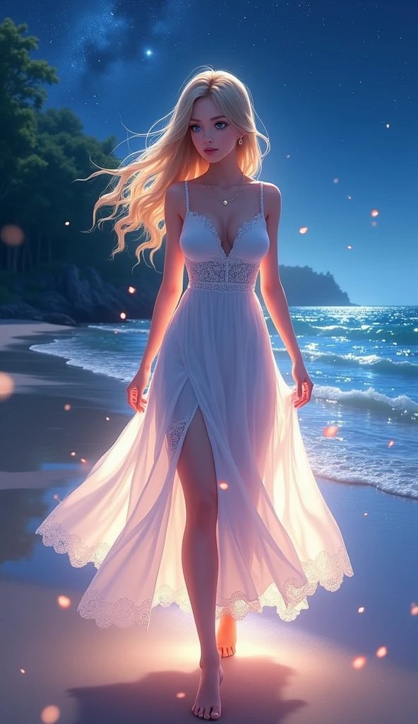 (masterpiece、Highest quality、8k、High resolution)、(The best beautiful girl)、Best Style、(The most beautiful face、Beautiful Skin、Clean blue eyes、Beautiful Lips、Beautiful Nose)、Blonde、Ample breasts、White lace dress、(体whole bodyから神秘的な光の粒子、Colorful light)、(jewelry、necklace)、(whole body)、Walking on the beach、look back、Ocean、You can see the forest、A bright night with the stars clearly visible、Beautiful starry sky、milky way、Highly detailed anime art、A complete portrayal、