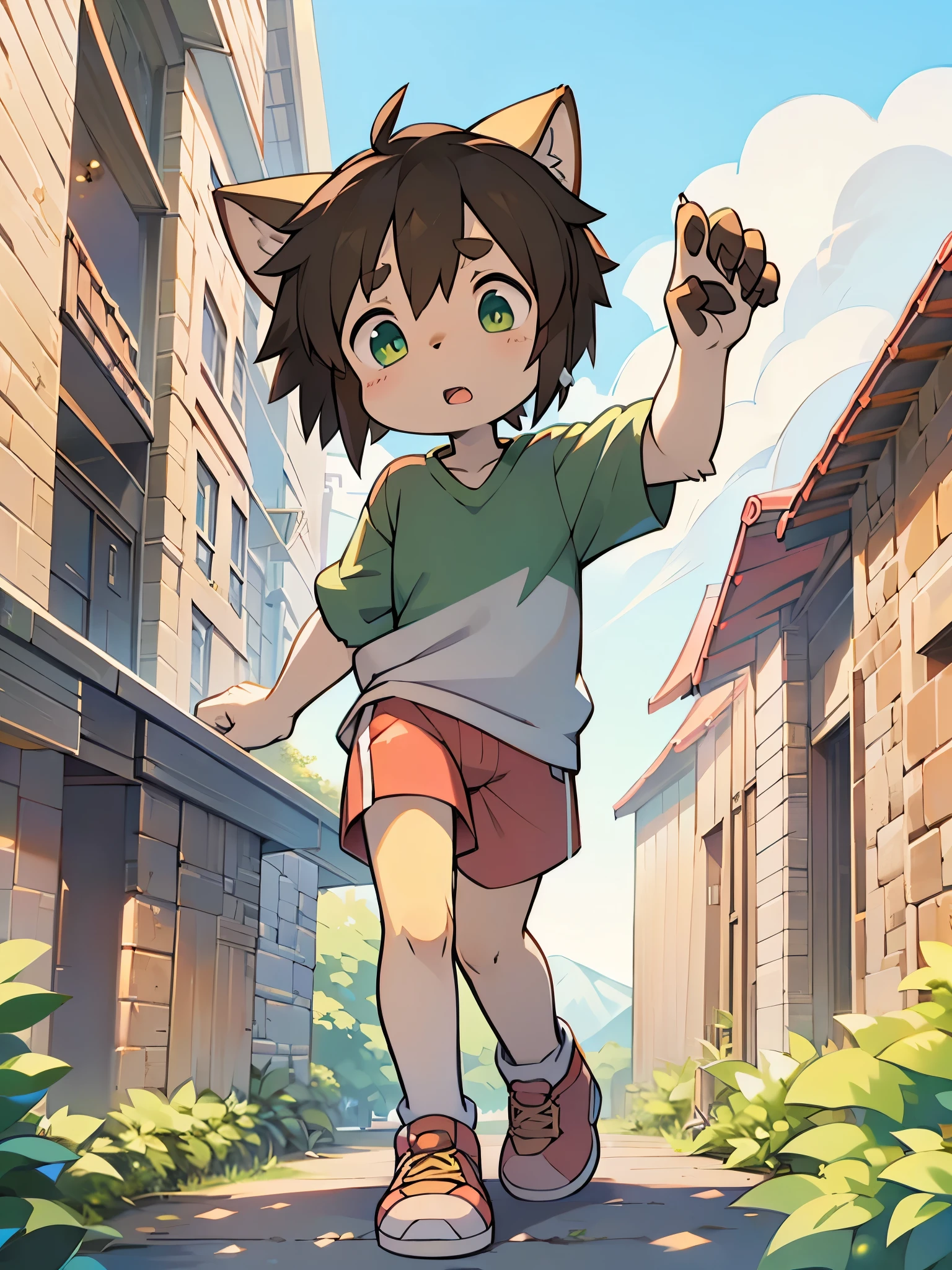 A dog, ((little boy)), cute, yellow fur, big green eyes, (red T-shirt), brown shorts, blue bow tie, black shoes, running on the street, open the month, surrounded by mountains, at noon, white clouds, bright sunshine, brilliant light and shadow, fine facial depiction, correct hand depiction, accurate detail depiction, 4K ultra clear