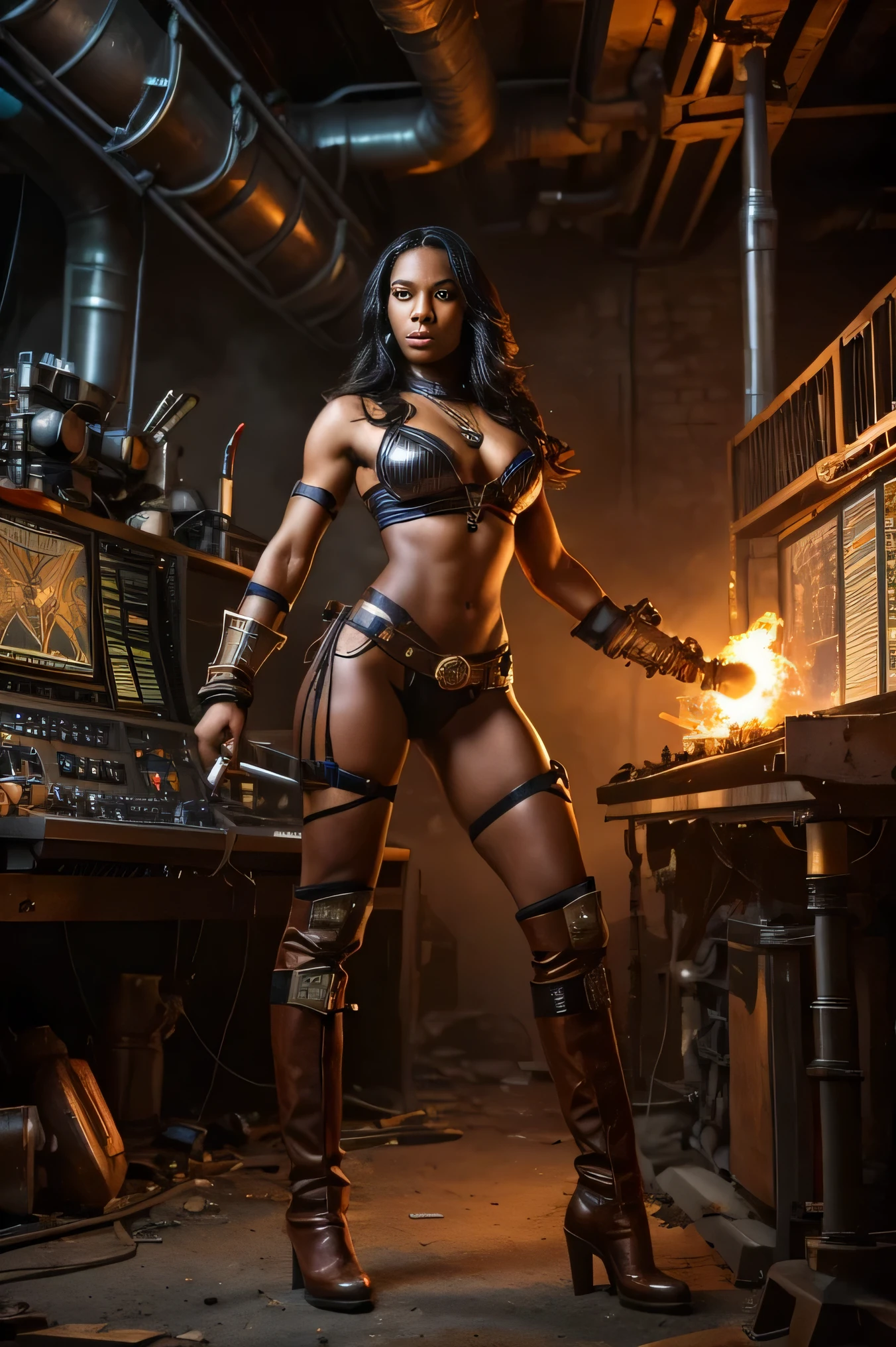 A beautiful dark-skinned Amazon warrior woman, pulling on pipes, ripping controls apart, in a destroyed steampunk airship control room, broken pipes, flames, realistic